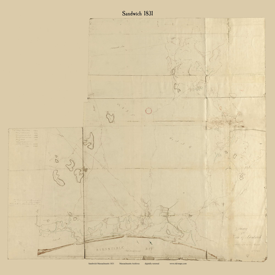 Sandwich 1831 Town Plan - Old Roads Reprint Restored Massachusetts Archives Ma