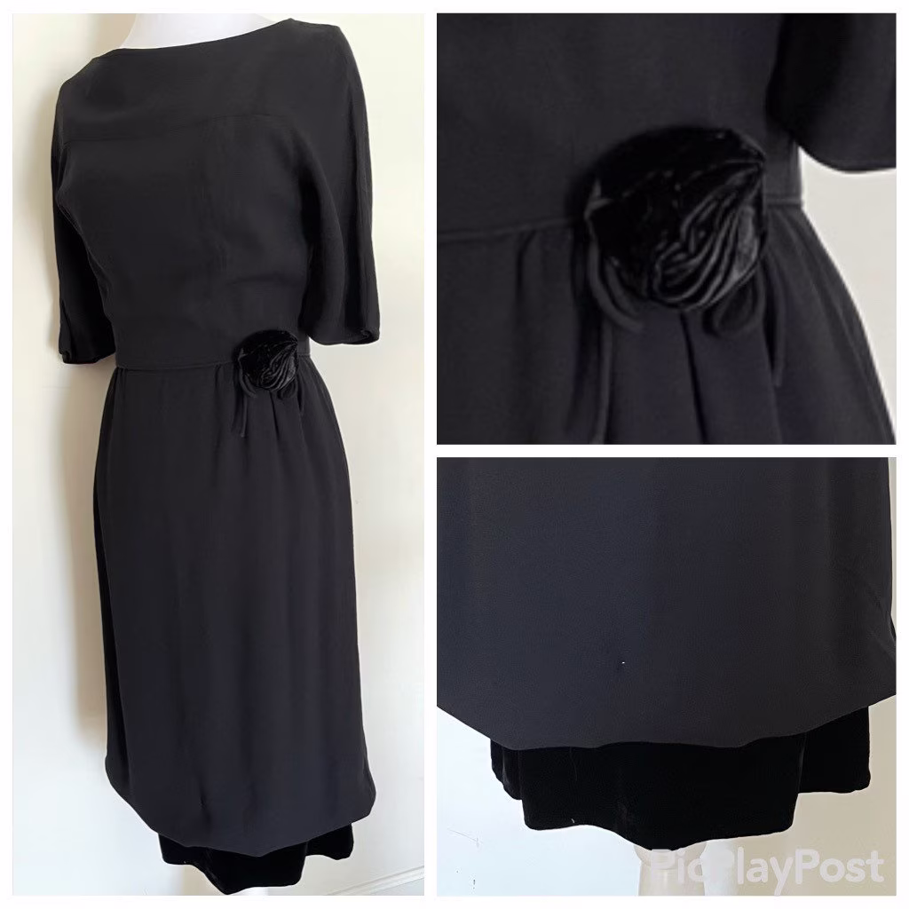 50S Little Black Cocktail Dress Of Crepe With Velvet Trim Double Pencil Style Skirt Excellent Vintage Condition