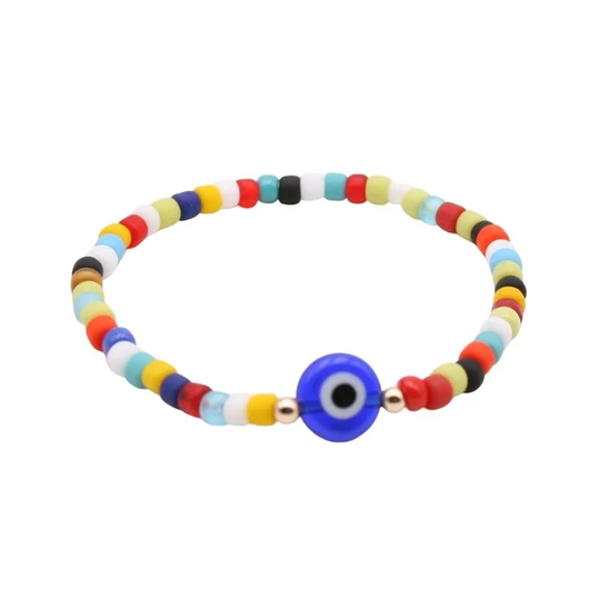 Multicolor Seed Beads & Gold Filled Beaded Bracelet, Isabella Celini, Evil Eye Stretch Stacking Gift For Women