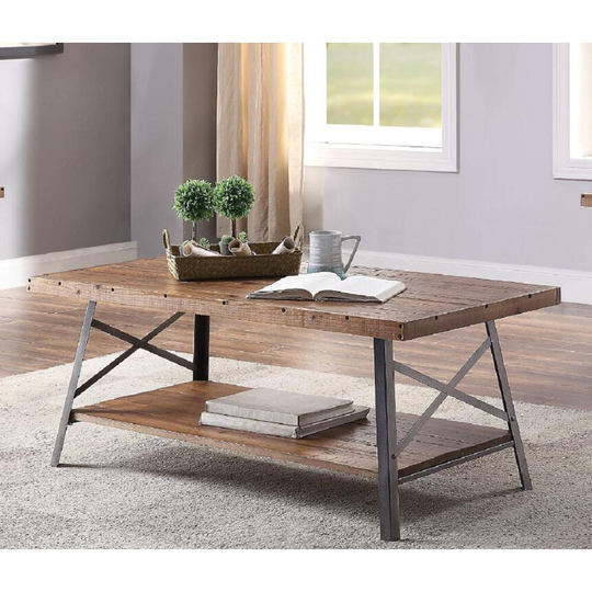 Coffee Table w/ a weathered oak table top & a sandy black metal base