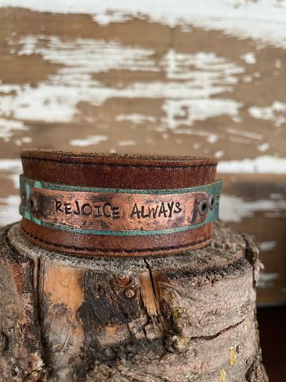 Leather Word Cuff-Art CollectionWeathered Leather - Rejoice Always-7 Inch Wrist