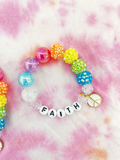 Hippy Hippie Peace Sign Kids Charm Bracelet, Toddler Custom Name, For Girls, Stretch Bracelet