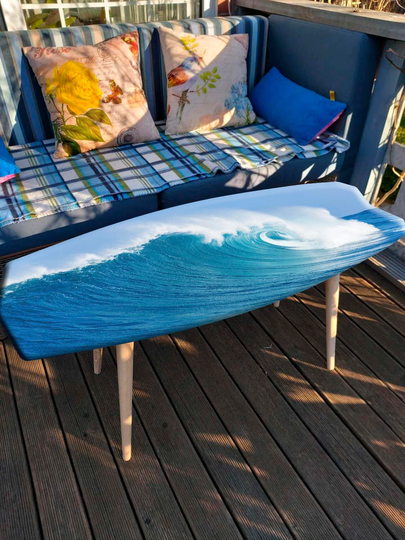 Surfboard Shaped Law Coffee Table With Ocean Wave Realistic Print Surfing Inspired Handmade Wooden Blue-White Small in Nautical Style