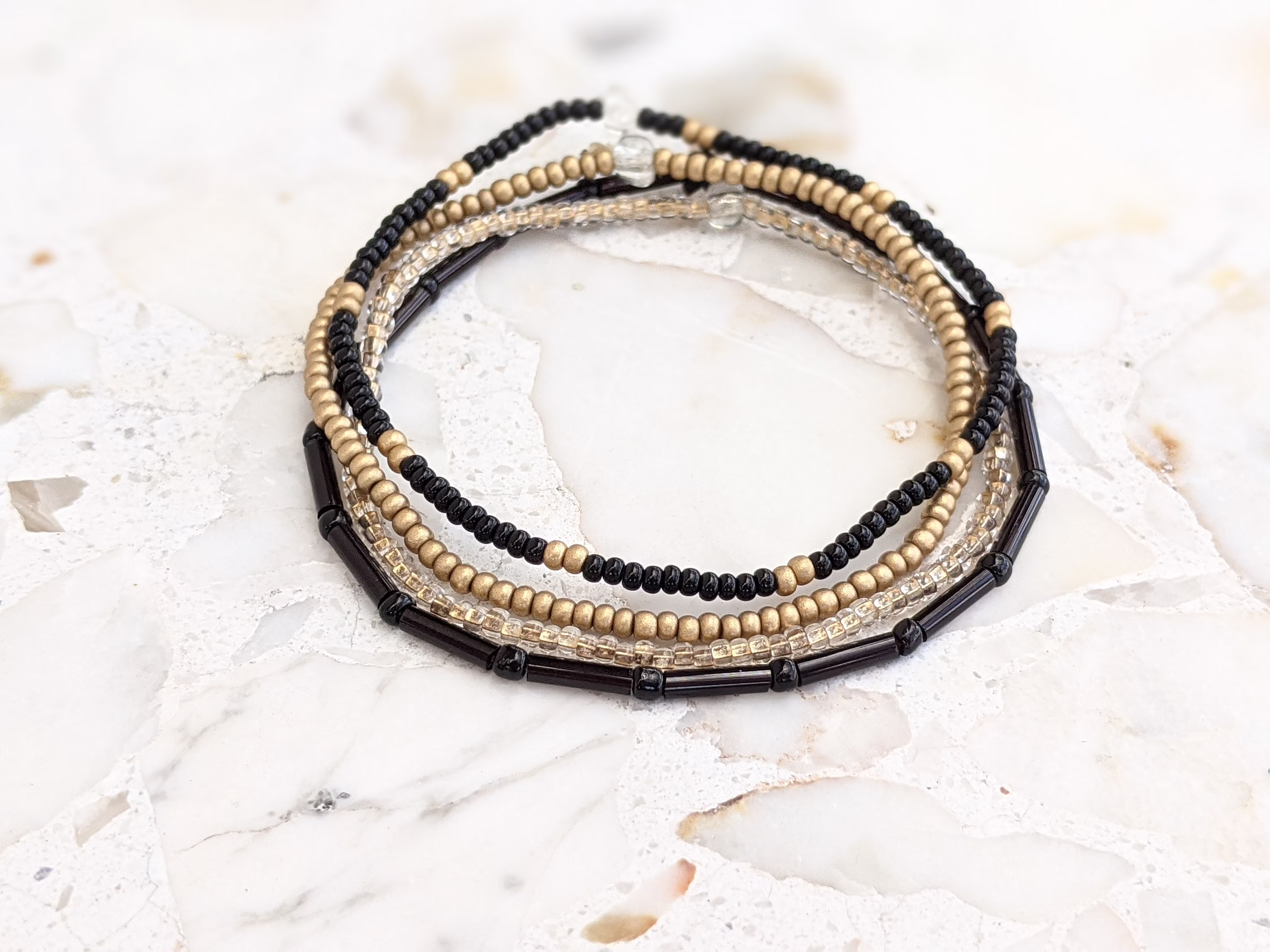 Bracelet Set, Seed Bead Bracelet, Black Gold Stack, Minimalist Beaded Stretch Dainty