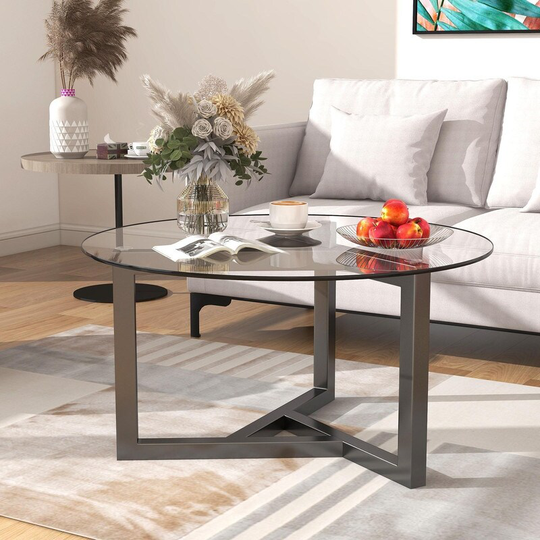 35.43'' Round Coffee Table with with Tempered Glass Top and Sturdy Wood Base