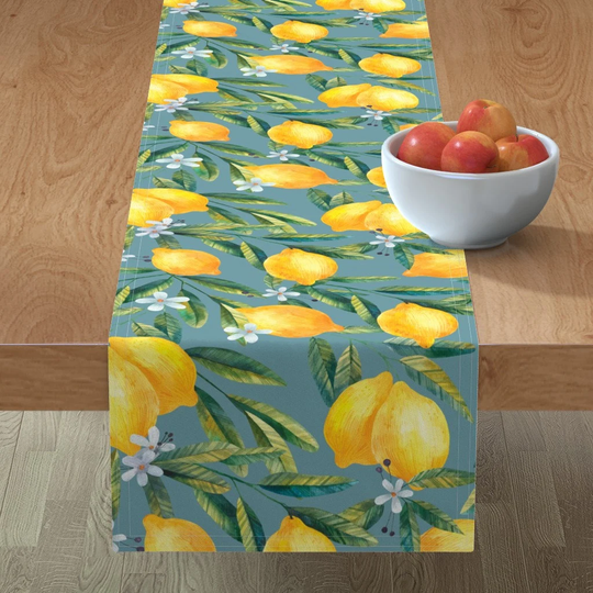 Lemons & Leaves Table Runner - By Taylor Bates Creative Watercolor Citrus Large Scale Cotton Sateen Spoonflower