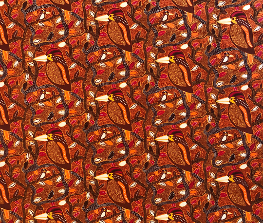 Aboriginal Jijaka Kookaburra in The Wood Brown Abstract Quilting Cotton Fabric By 1/4, 1/2 Yard Or Fat Quarter, Australian Indigenous Art