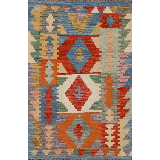 Multi-Color Reversible Geometric Kilim Rug Flat-weave Wool Carpet - 3'3" x 4'9"