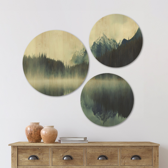 Designart 'Lake Herbert in Foggy Morning' Modern Seascape Wood Wall Art Set of 3 Circles - Multi-Color