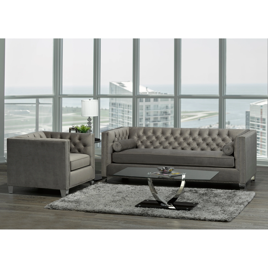 Hank Modern Grey Velvet Tufted Nailhead Sofa and Chair - Natural