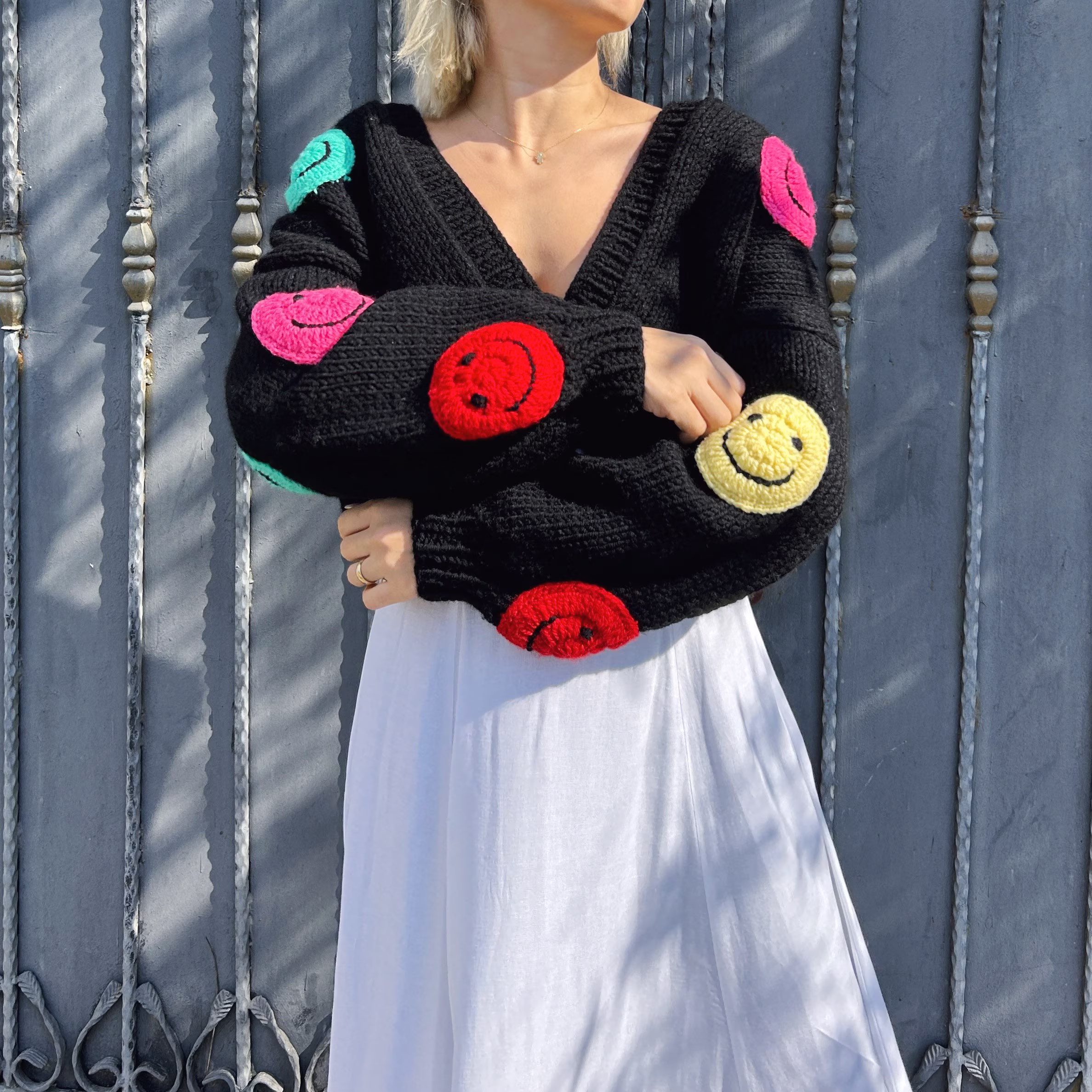 Cardigan For Women Emoji, Handmade Colored Smiley Sweater, Happy Face Black Cardigan, Crop Smile Pattern Cardigan, Christmas Chunky Handmade