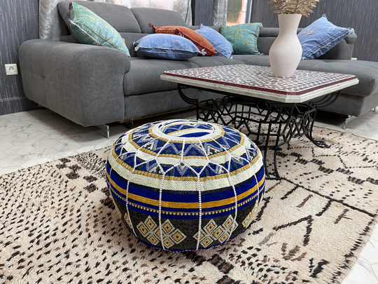 Kechart - Blue Round Moroccan Pouf, Floor Ottoman, Cover, Home Decor, Genuine Leather, Tissue, Chairs & Ottomans, Seat Cushion, Footstool