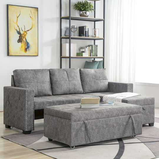 Nestfair 84" Pull-out L-shaped Storage Sofa Bed Corner Sofa Bed with Storage Chaise Lounge