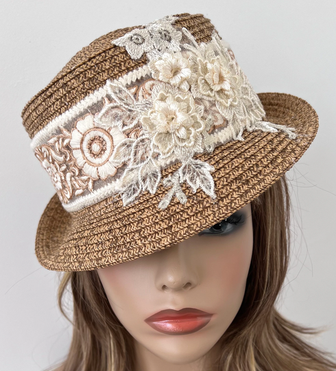 Dressy Tan Straw Hat With Cream Champagne Lace Embellishments, Wedding Hat, Vintage Style Sun For Women Size M/L Ready To Ship
