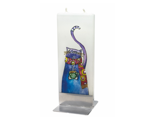 Hand Painted Flat Candle | Blue Cat Small Unique Gift Colorful Fine Art Shelf Décor