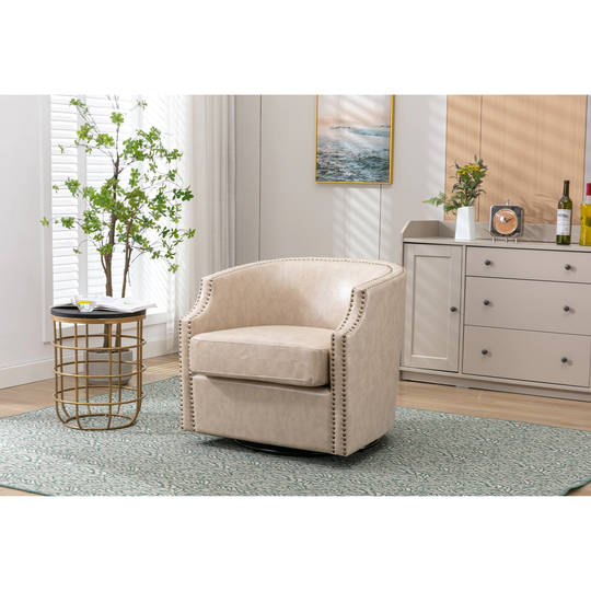 Faux Leather Leisure Barrel Chair, Modern Living Room Chair 360 Degrees Swivel Chair with Nailheads Decoration and Metal Base