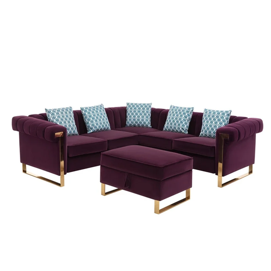 Maddie Velvet 5-Seater Sectional Sofa with Storage Ottoman