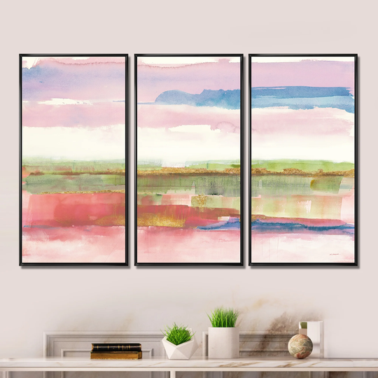 Designart 'Influence of Line and Color Gold Bright' Modern & Contemporary Framed Wall Art Set of 3 - 4 Colors of Frames