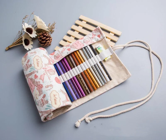 12/24/36/48/72/108/128/168 Slots Canvas Roll Up Pink Pencil Case | Pen Storage Pouch Painting Make Up Brush Holder Craft Tool Organizer