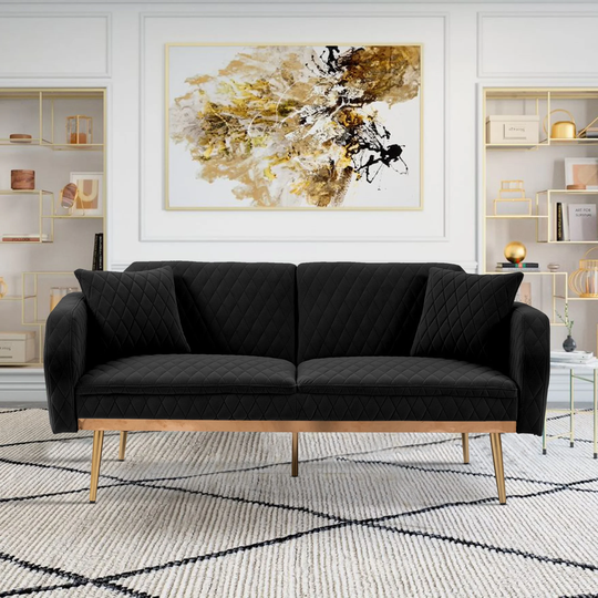 Convertible 2-Seat Square Arm Velvet Sofa Loveseat With 2 Pillows