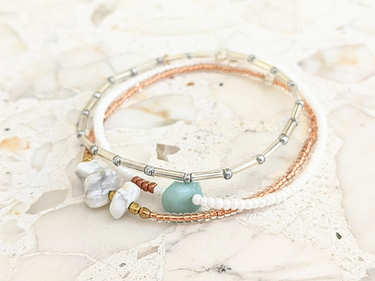 Bracelet Set, Gemstone Bracelet, Seed Bead Stretch Minimalist Beaded Small Dainty