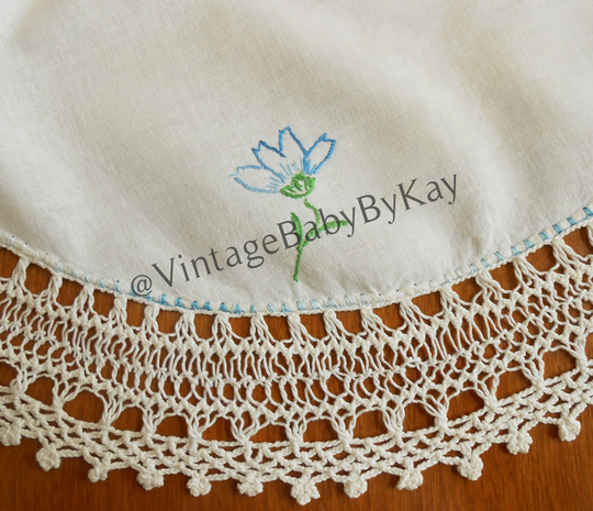 Round Table Topper With Wide Crochet Lace & Hand Embroidery, Vintage Bridal White Cotton Tablecloth, Blue & Green 19.25"