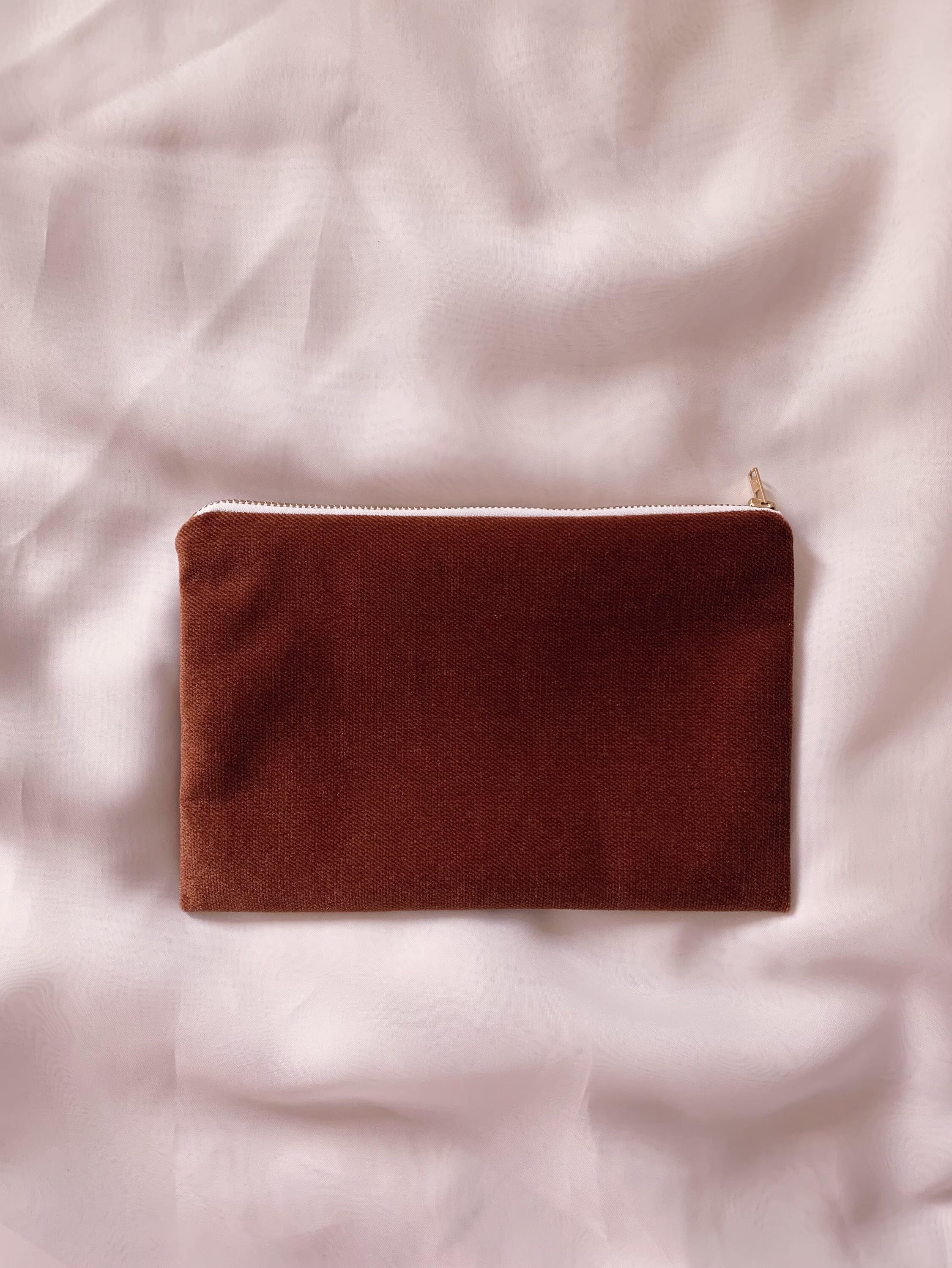 Rust Velvet Pouch/Back To School Essential Clutch Bag, Evening Clutch, Make-Up Pencil Case 6.5"x9" Brass Zip Made in Quebec