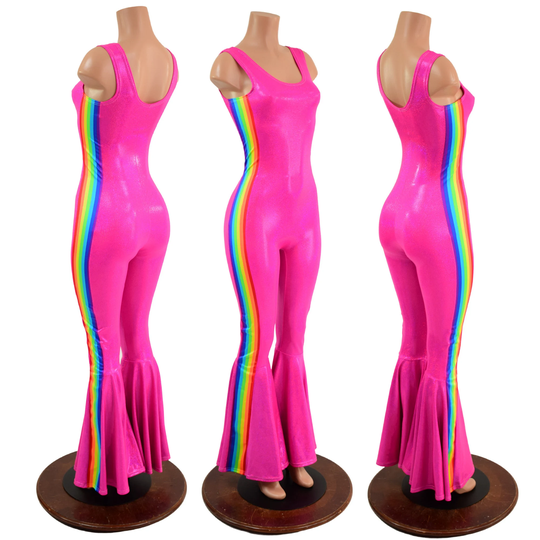 Neon Pink Sparkly Bell Bottom Tank Catsuit With Retro Rainbow Side Panels 157817