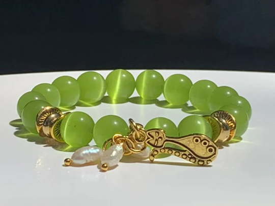 Cat's Eye Bracelet, Green Charm Stretch Bracelet | Color-Enhanced, Cultured Pearls
