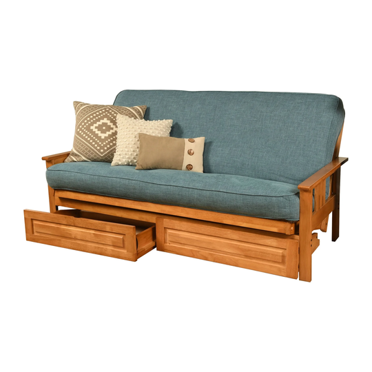 Somette Monterey Sofa in Butternut Finish with Storage and Removable Linen Mattress Cover