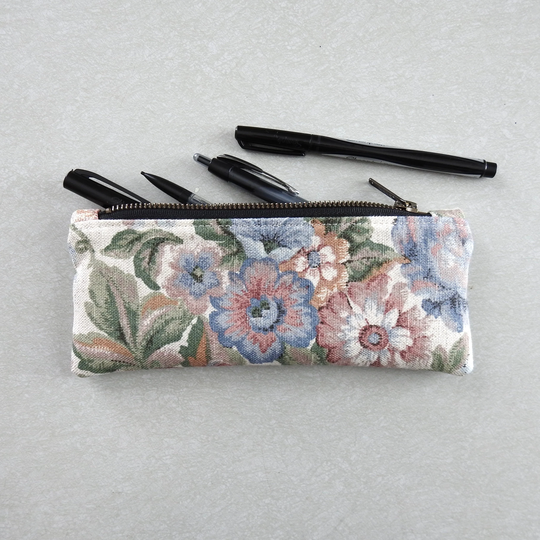 Floral Linen Pencil Case, Zipper Pouch, Vintage Fabric