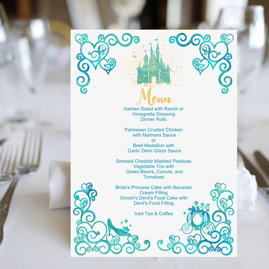 Digital Watercolor Castle Table Menus Order Only What You Need | Menu Cards Aqua & Gold