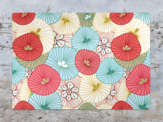 Flower Ornament Chair Mat, Blue Splat Red Vinyl Floor Abstract Protective Office Decor, Decorative Comfort Mat