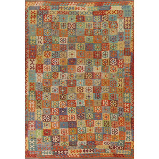 Checkered Kilim Multi-Color Area Rug Hand-woven Wool Carpet - 8'8" x 11'4"