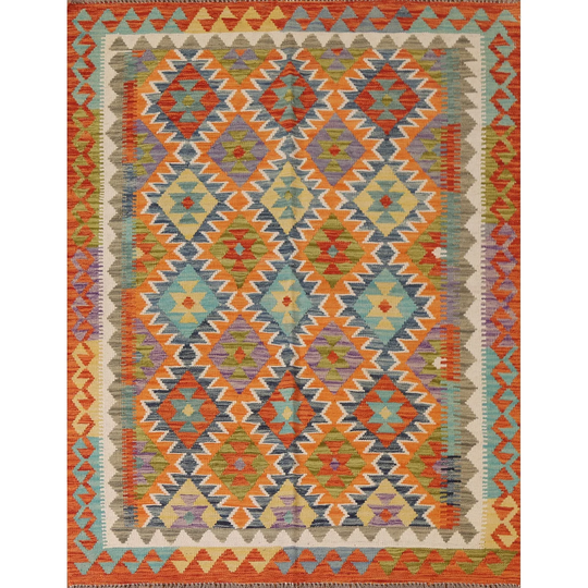 Colorful Kilim Reversible Area Rug Flat-weave Living Room Wool Carpet - 5'0" x 6'3"