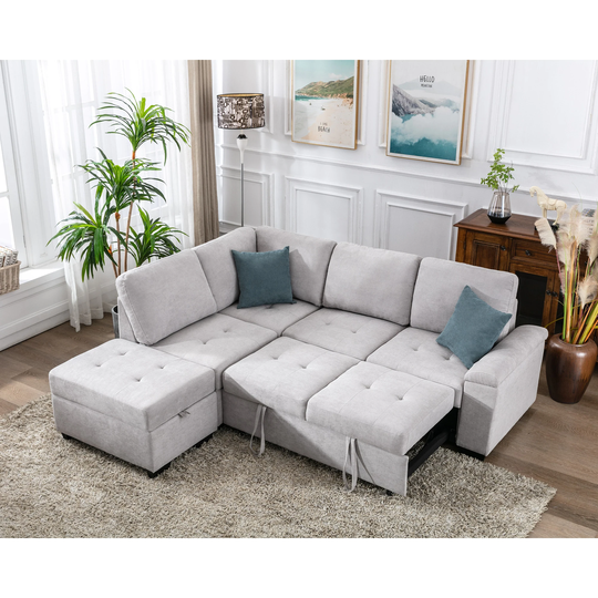 86" L-Shaped Sectional Sofa with Storage Ottoman, Hidden in-arm Storage and Pull-out Bed