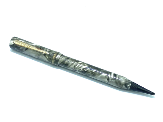 Vintage Art Deco Inspired 14K Gold Plated Ever Rite Green Marbleized Fountain Pen Featuring Mechanical Leaded Pencil Design