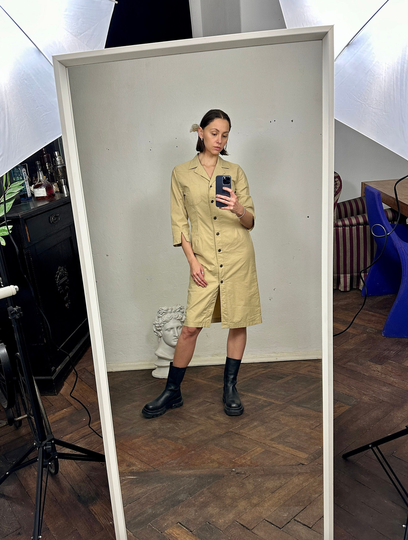 Vintage Beige Midi Pencil Dress, Cotton Button Down Dress