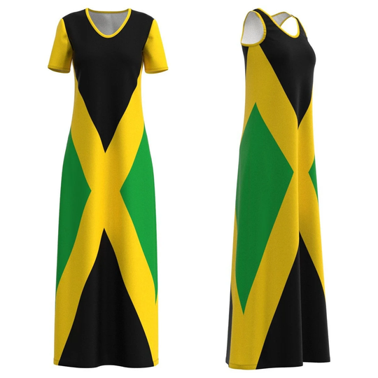 Jamaica The Cross Flag Color Black Green Gold Yellow Jamaican Pride Modest Long Maxi Dress Short Sleeve Sleeveless