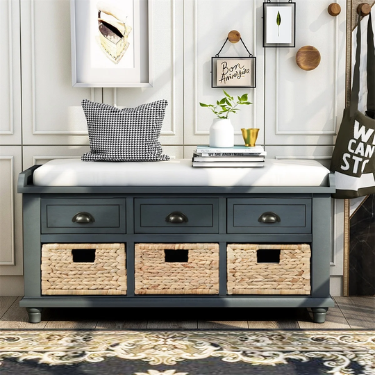 Harper & Bright Designs 3-Drawer Storage Bench with 3 Rattan Baskets