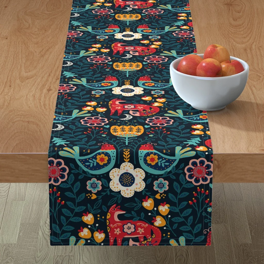 Scandi Rustic Table Runner - Enchanted Forest Large By Sally Mountain Floral Fox Maximalist Cotton Sateen Spoonflower