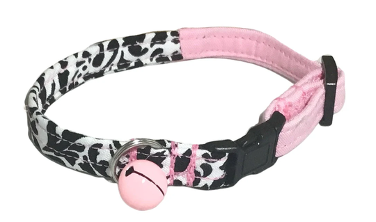 Pink & Black Damask Cat Collar With Breakaway Buckle & Bell/Matching Flower, Bow Tie Leash Options /Choose Your Color