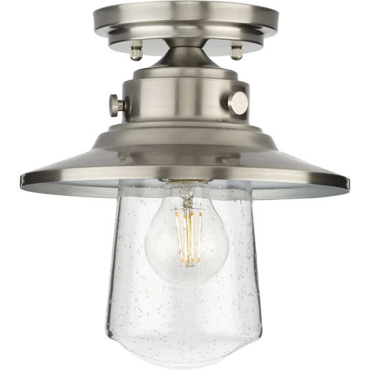 Tremont Collection 1-Light Stainless Steel Clear Seeded Glass Farmhouse Semi-Flush Mount Ceiling Light - 9 in x 9 in x 10 in