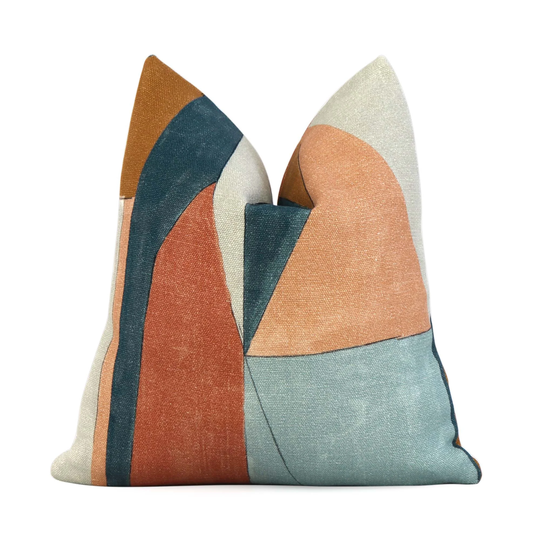 Teal, Apricot, Burnt Orange, Tan Color Block Decorative Designer Pillow Cover With Zipper, Linen Cushion, Kelly Wearstler District Apricot