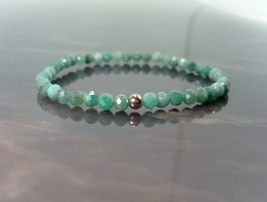 Dainty Emerald Faceted Bracelet 4mm + Sterling Silver Bead, Natural Gemstone Bracelet, Stretch Beaded For Women Girl Gift Bag