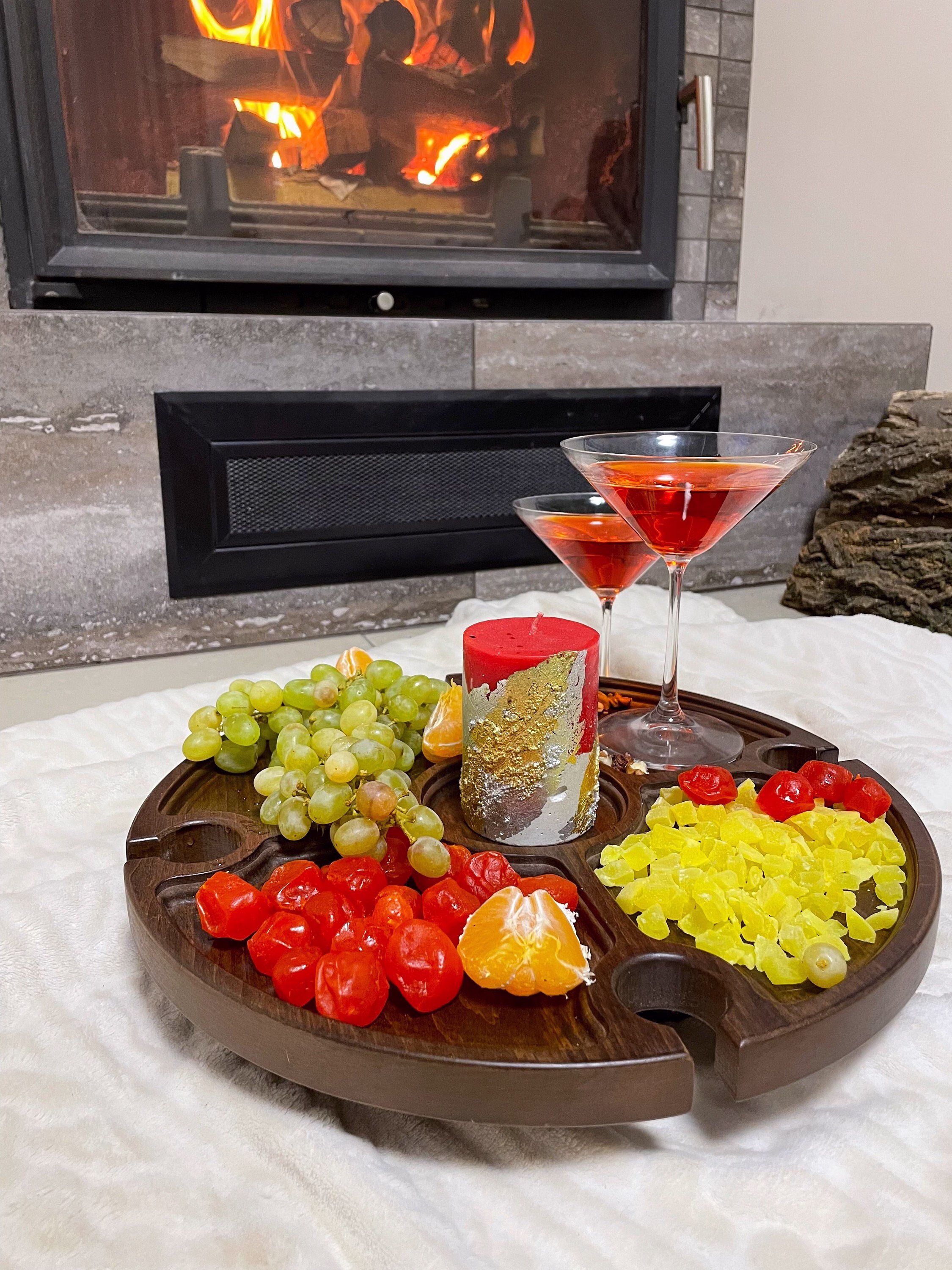 Outdoor Wine Picnic Folding Table - Premium Wood With Glass Holders & Snack Tray For Cheese Fruits