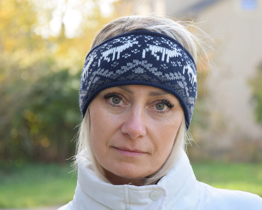Men & Women Headband Nordic Woolen Head Bandage With Fair Isle Icelandic Pattern Navy Jacquard Ear Warmer For Skiing Reindeer Woollana