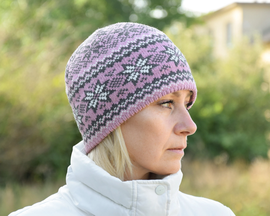 Pink Nordic Woolen Hat With Fair Isle Pattern Beautiful Beanie Ski Hat For Men & Women Fleece-Lined Scandinavian Winter Birasi
