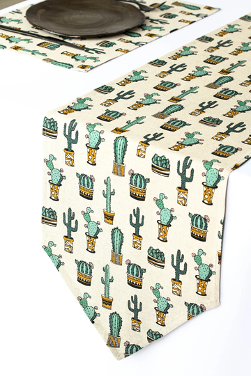 Rustic Linen Table Runner, Cactus Pattern Kitchen Decoration, Print Centerpiece, Gift For Her