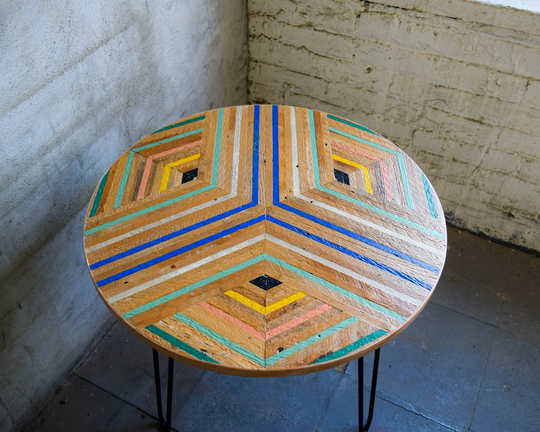 Round Reclaimed Lath Side Table With Black Hairpin Legs
